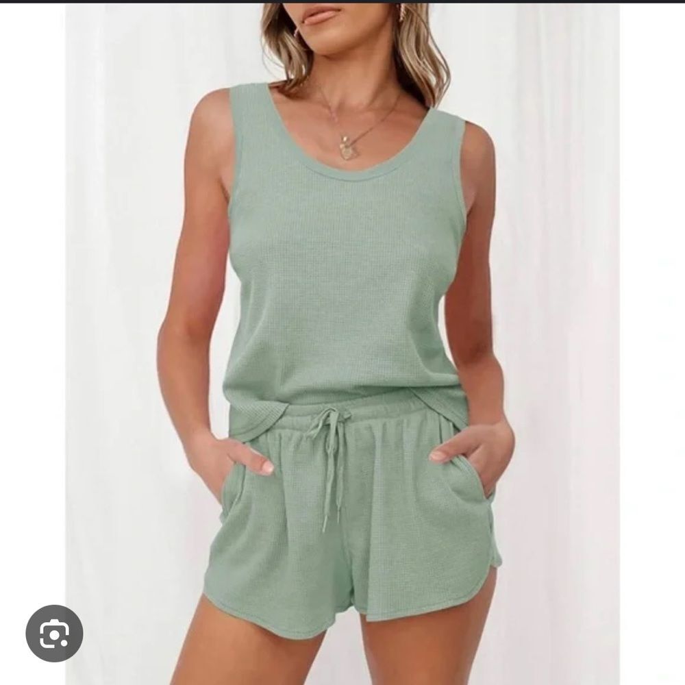 Zesica Pajama Set Sage Green Tank Top Waffle Weave Shorts loungewear